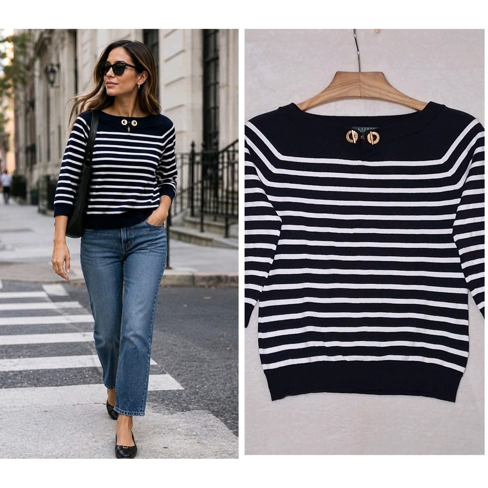 Lauren Ralph Lauren Womens Sweater Size S/P Blue Striped Sailor Knit Pullover